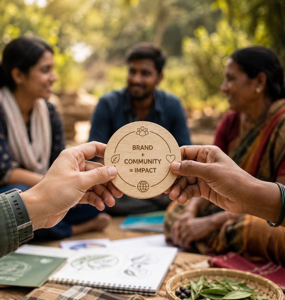 Hands holding a wooden disc engraved with Brand + Community = Impact, with community members in the background